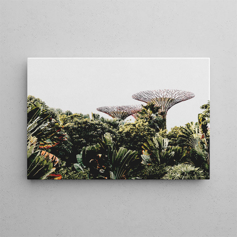Canvas print of a lush green landscape with futuristic tree-like structures on a gray wall.