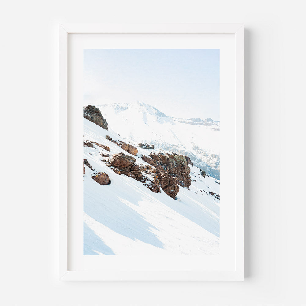 Snowy Rocks at Valle Nevado, Santiago, Chile - Framed photograph for elegant home decor.