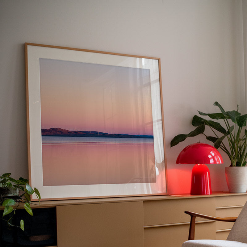Framed artwork on a wall with a red lamp and plant in the background