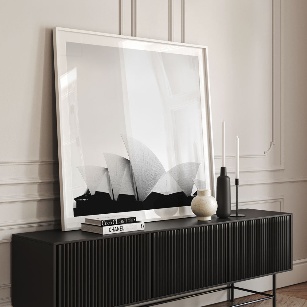 "Sydney Opera House in black and white" - a striking print capturing the iconic Sydney Opera House, ideal for wall decor in homes and offices.
