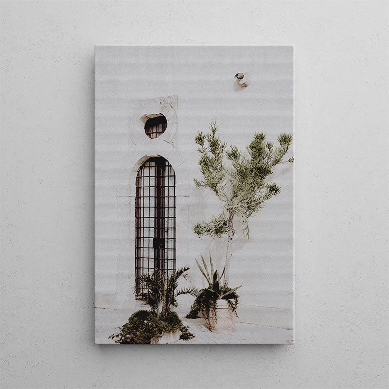 Canvas print of a architectural scene with plants on a white wall