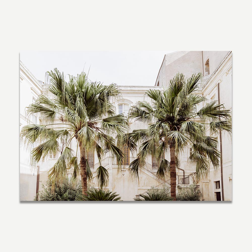 Unframed coastal wall art showcasing twin palm trees nestled in a quiet Sicilian courtyard—captured in Syracuse, Italy. This beach scene wall art features soft neutrals, weathered textures, and timeless Mediterranean charm, ideal for beach art for wall and coastal décor.