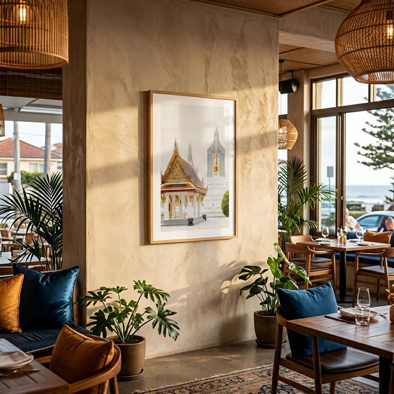 A framed art print depicting a Thai temple and pagoda scene hangs on a textured beige wall inside a modern, sunlit restaurant with wooden chairs, plants, and woven pendant lights.