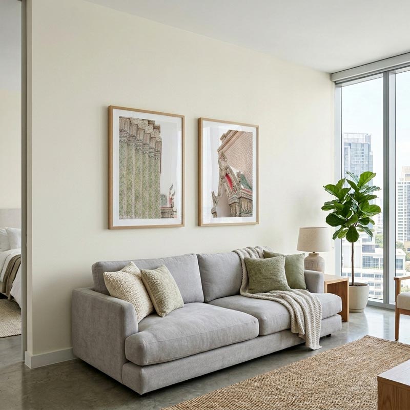 A modern living room scene featuring a light gray fabric sofa with decorative throw pillows and a knit blanket, set against a warm beige wall with two framed architectural prints. A large window on the right shows a city skyline, and a potted fiddle-leaf fig plant stands next to the sofa.