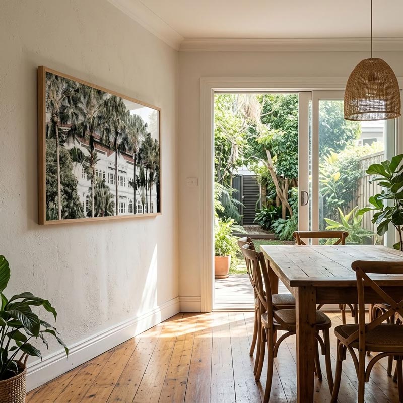 A large framed black and white photograph of palm trees and a building hangs on a cream wall in a bright dining room with a wooden table, chairs, and a wicker pendant light. Sunlight streams in from glass doors opening to a lush garden.