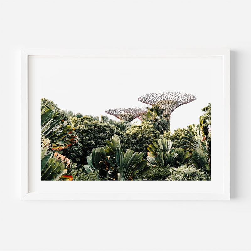 Framed photograph of a lush green landscape with futuristic architecture.