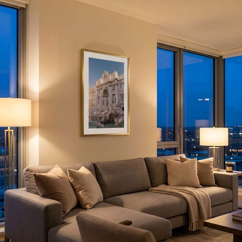 A framed vertical art print of the Trevi Fountain in Rome, featuring a gold frame and white mat, hanging on a beige wall in a modern living room setting with a gray sectional sofa and lit lamps.