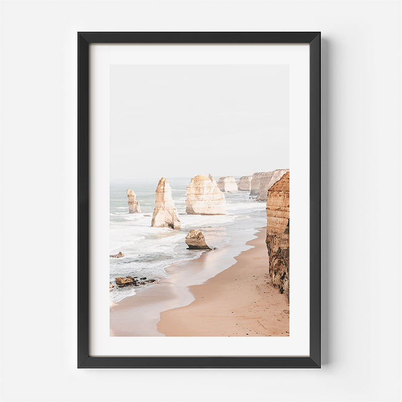 Neutral coastal art featuring 12 Apostles bathed in sunrise glow