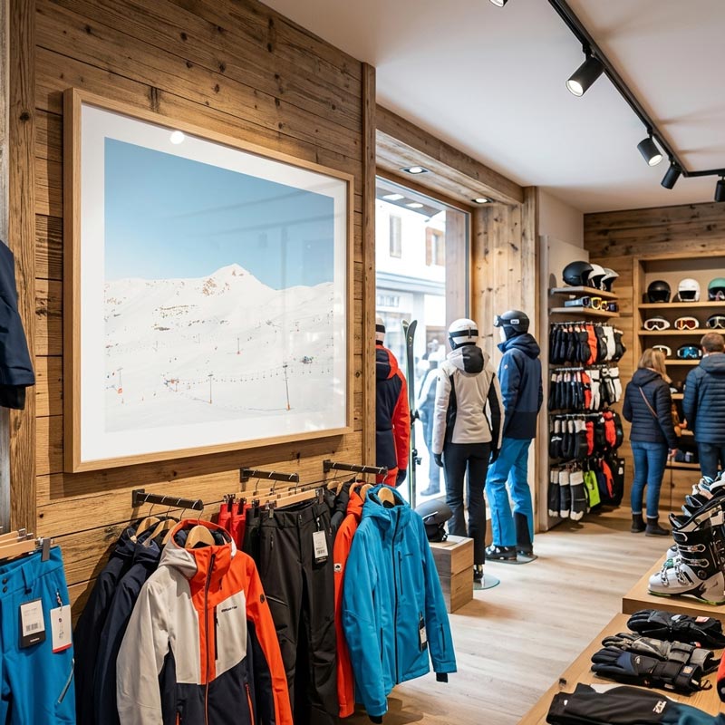 A ski shop interior with wooden walls, a large framed mountain landscape print, racks of colorful ski jackets, and several shoppers browsing near the window.