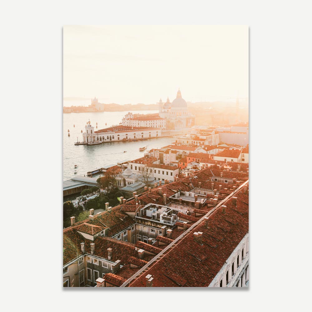 Arial View of Venice Sunset over Basilica di Santa Maria della Salute and Grand Canal – elegant Venice wall art capturing golden hour beauty and Venetian charm.