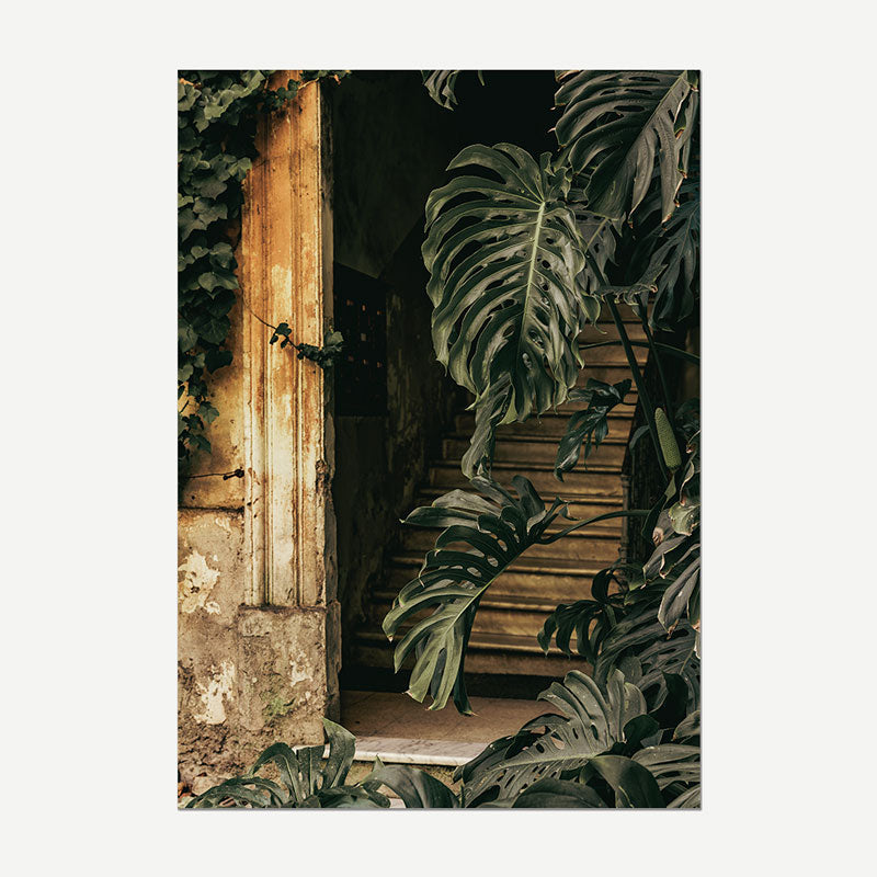 A vertical photographic art print depicting a tropical scene with large green monstera leaves framing a rustic wooden staircase and weathered door, presented on a light gray background.