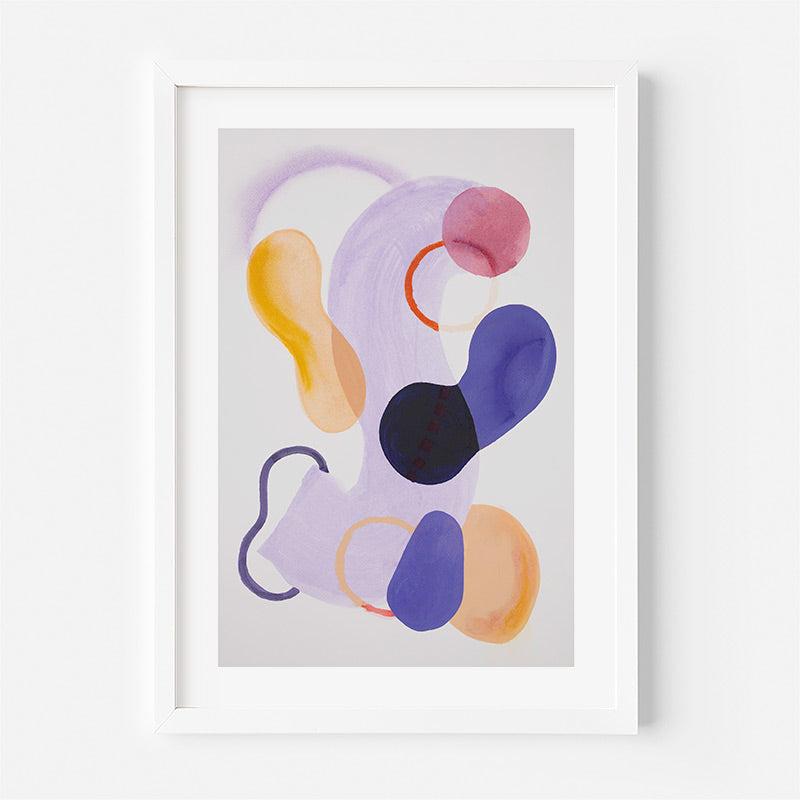 Framed abstract art print with colorful shapes on a light gray background