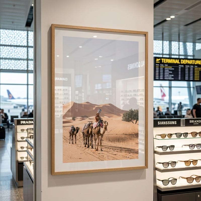 A framed art print depicting a camel caravan in a desert landscape, displayed on a white wall inside an airport or retail space with eyewear racks visible in the background.