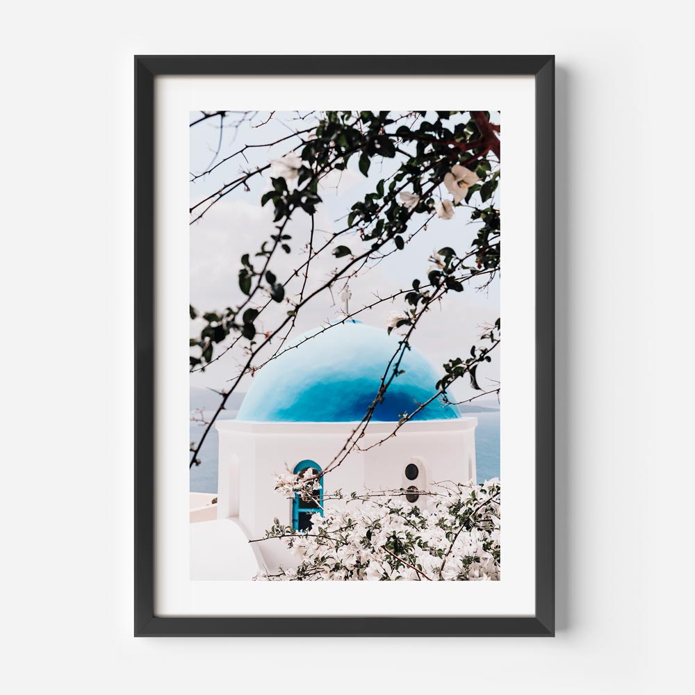 Blossom and Blue Dome Santorini Art Print