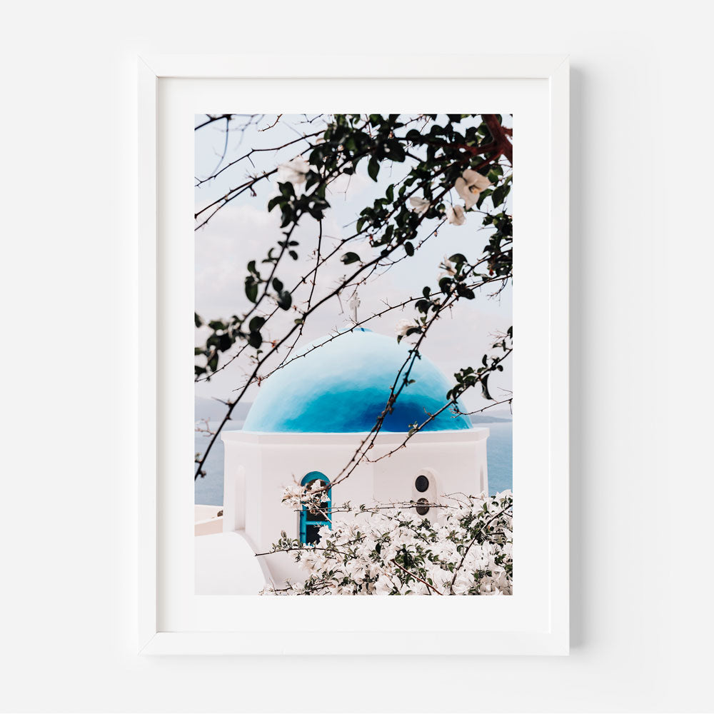 Blossom and Blue Dome Santorini Art Print