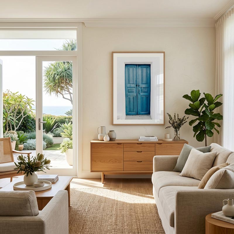 A styled living room interior with a light beige sofa, wooden sideboard, woven rug, and a framed artwork of a blue door on the wall. Large windows open to a tropical garden and ocean view.