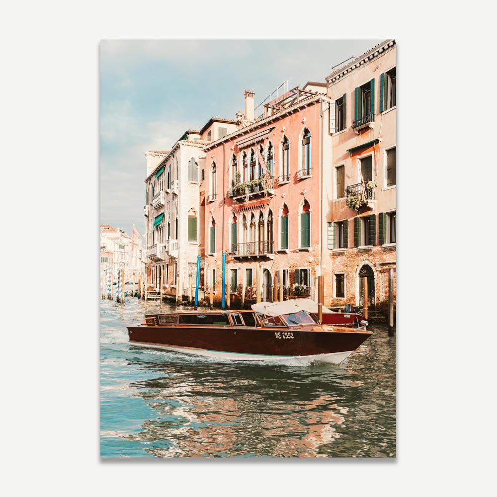 Venice water taxi on Grand Canal with pink and beige buildings – elegant Venetian wall art for timeless home decor.