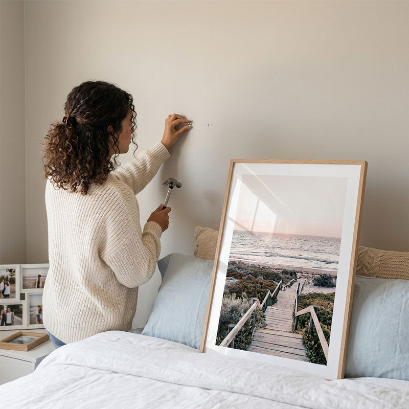 Woman hanging a framed picture of a beach scene on a wall above a bed.
