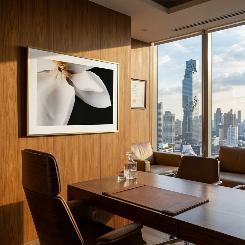 A large framed wall art print of a white magnolia flower on a black background, displayed in a modern office setting with wood-paneled walls, a conference table, and a city skyline view through large windows.