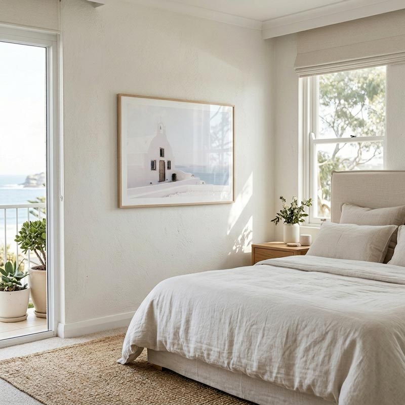 A framed art print depicting a white church on a snowy hill by the sea, hung on a textured cream wall in a bright, modern bedroom with a bed, nightstand, and large windows.