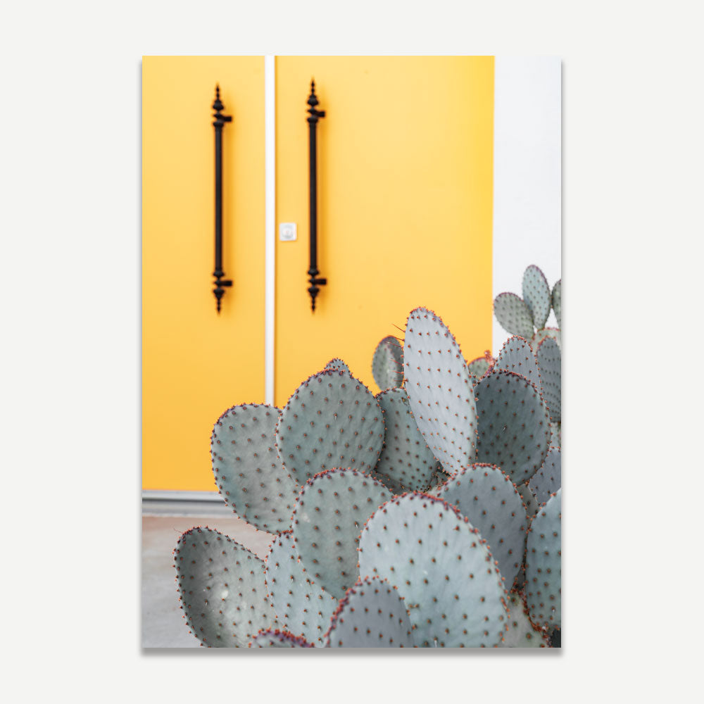 Cactus tree in front of yellow door in Palm Springs