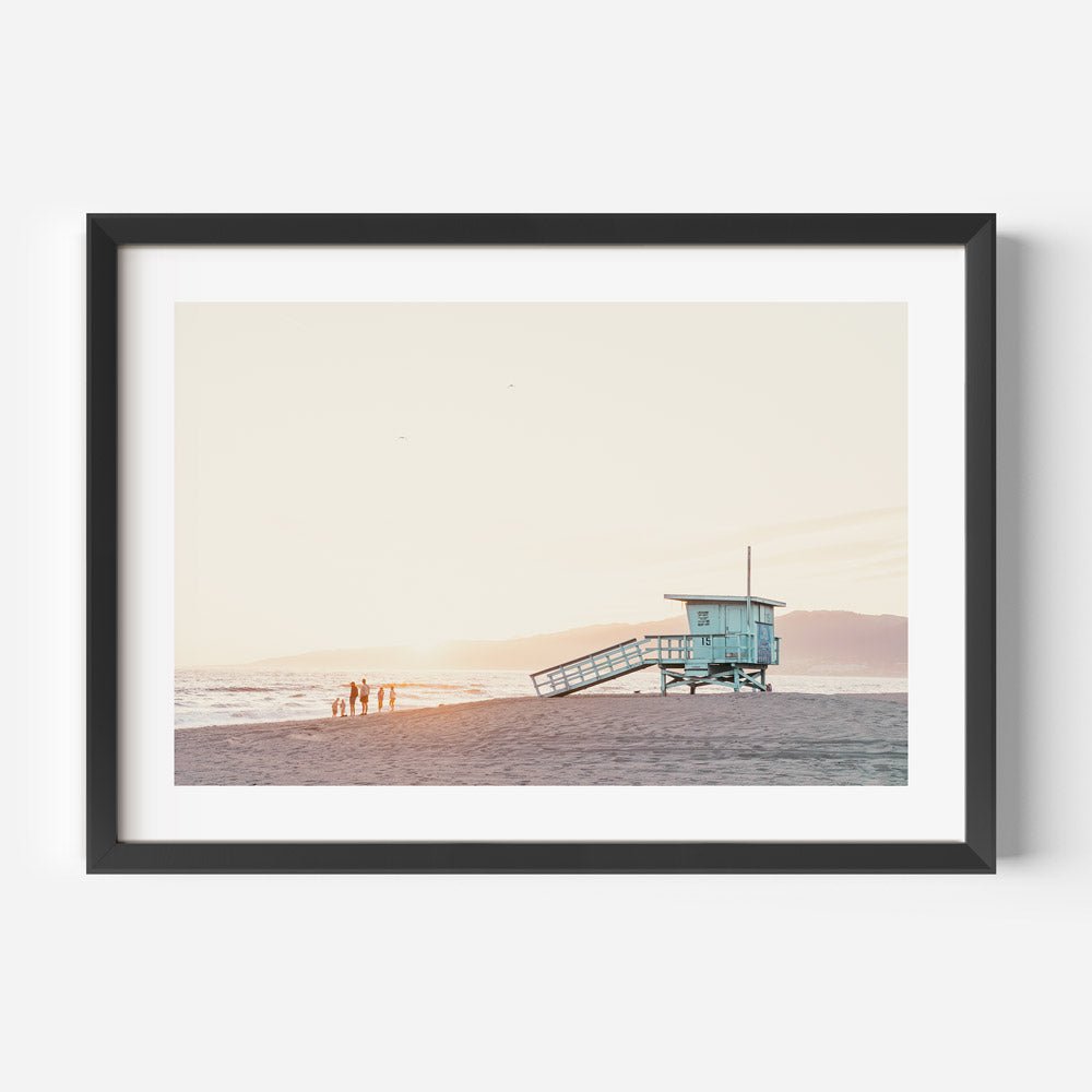Inviting Blue Beach Hut art prints with Santa Monica beach view, ideal for wall art and decor.