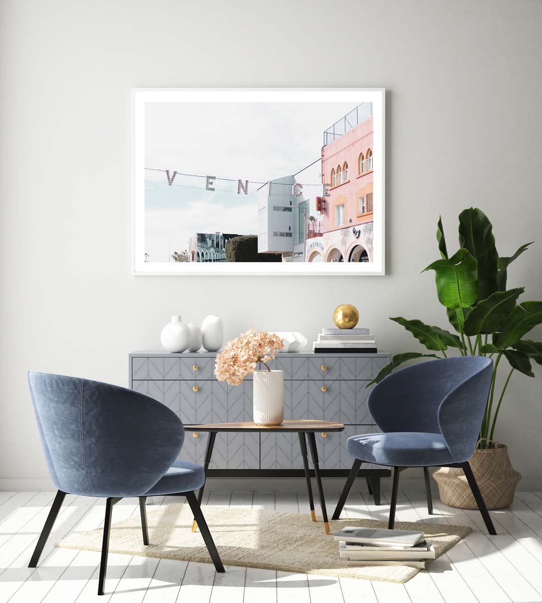 Colorful Framed Venice Beach Sign: Recognizable symbol of the vibrant culture and atmosphere of Venice Beach, ideal for prints shop collections.