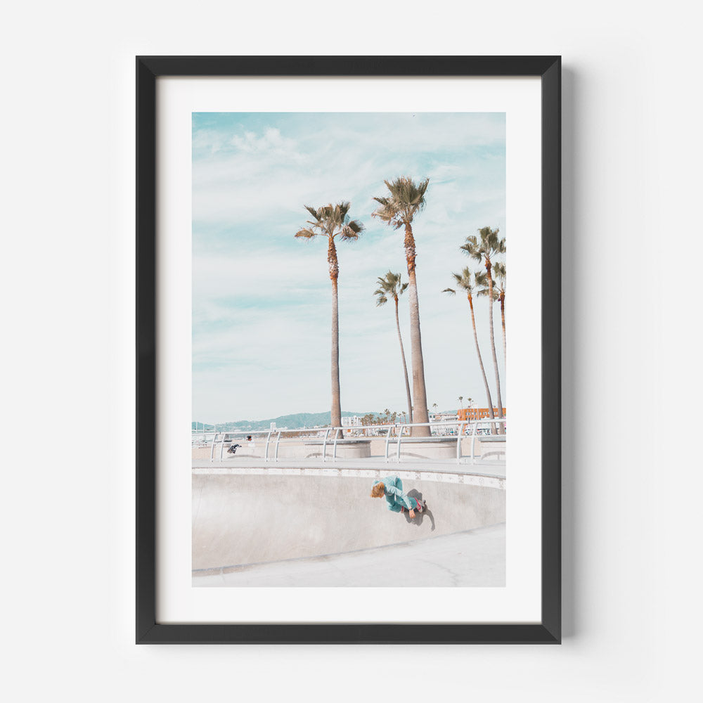 Photo art of a skater at Venice Beach skate park by OblongShop, California vibes.
