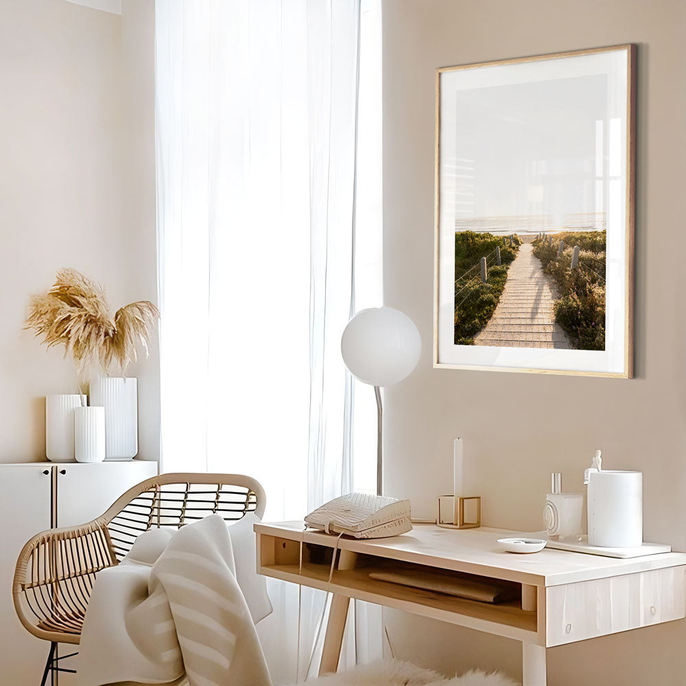 Framed coastal wall art showing a quiet beach pathway at Maroubra with morning light and natural colors