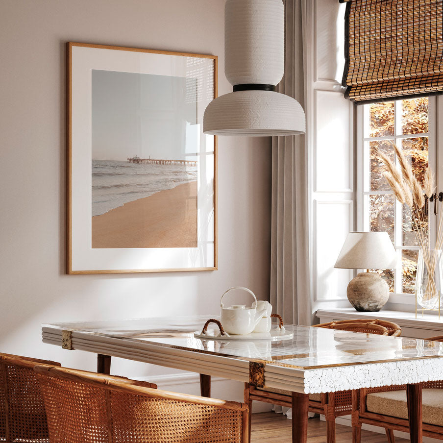 Neutral tones Newport Beach Pier art print from OblongShop, perfect for peaceful ambiance.