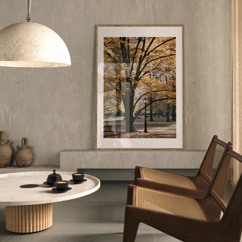 Central Park New York wall artwork showcasing a big tree with vibrant yellow leaves, perfect for home decor.