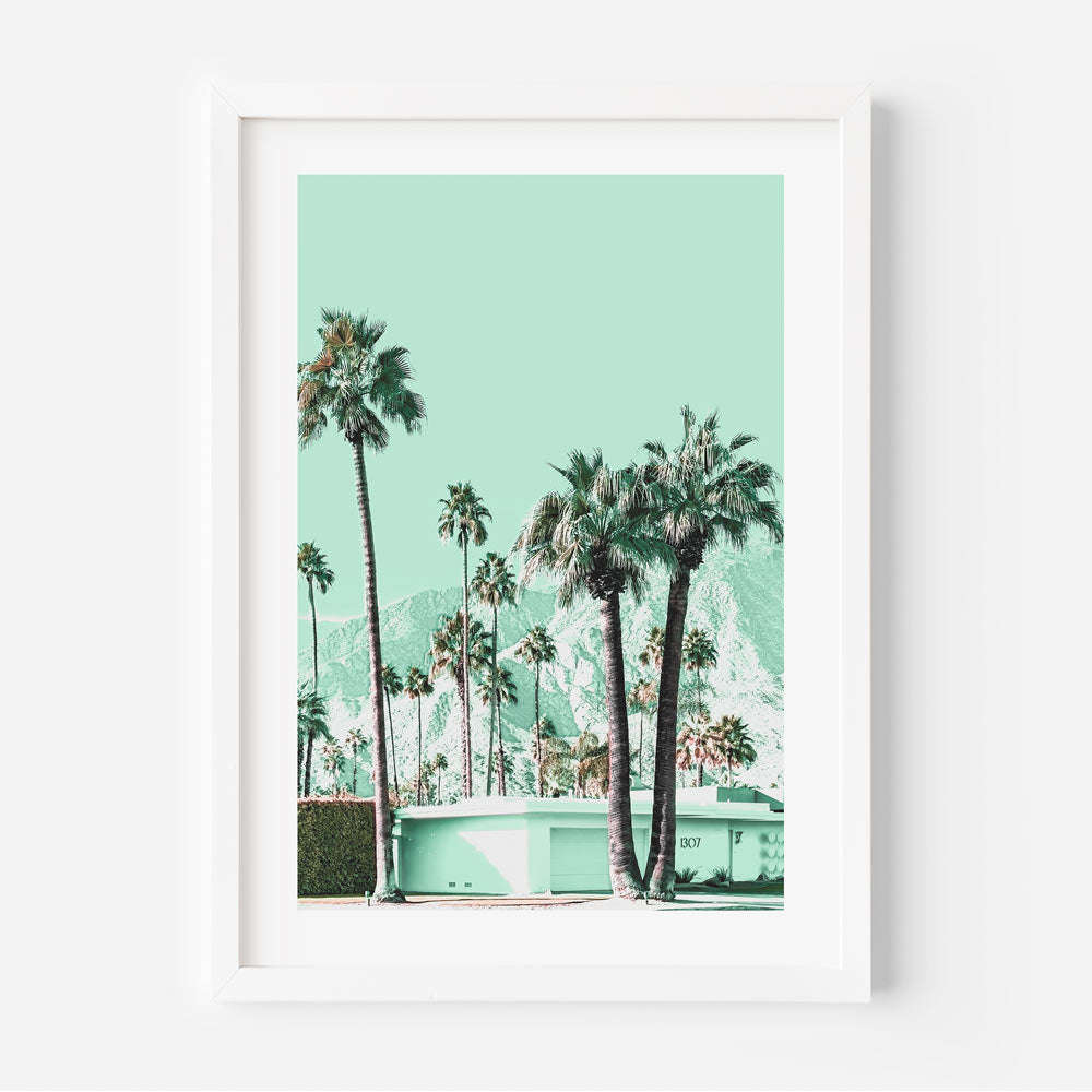 Tranquil mint house among Palm Springs palm trees, a serene wall art by OblongShop.