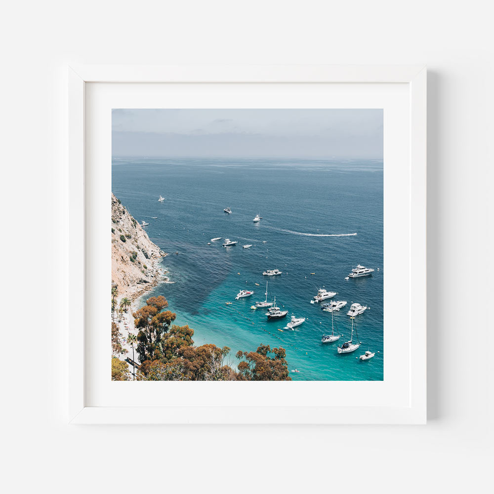 Bird's eye view wall art of Catalina Island from mountain peak.