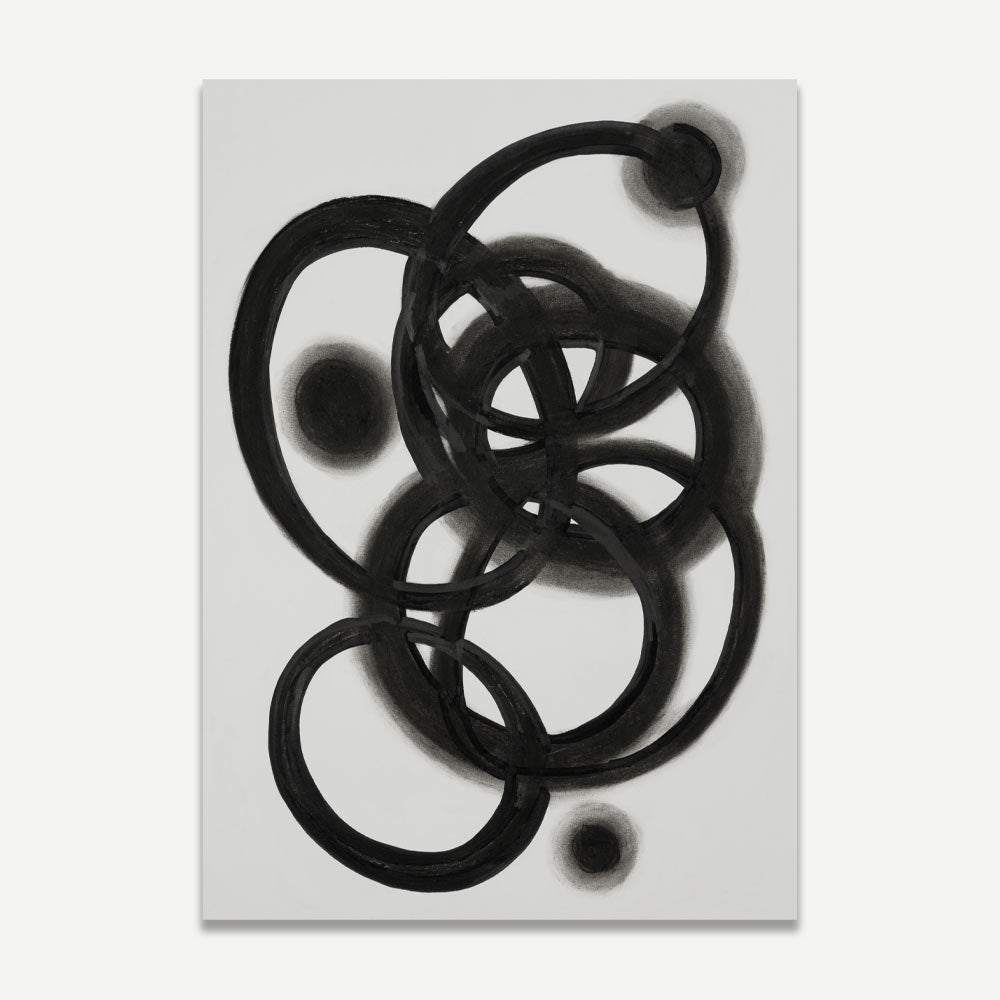 A black and white visual art piece featuring abstract circular forms on a white background.