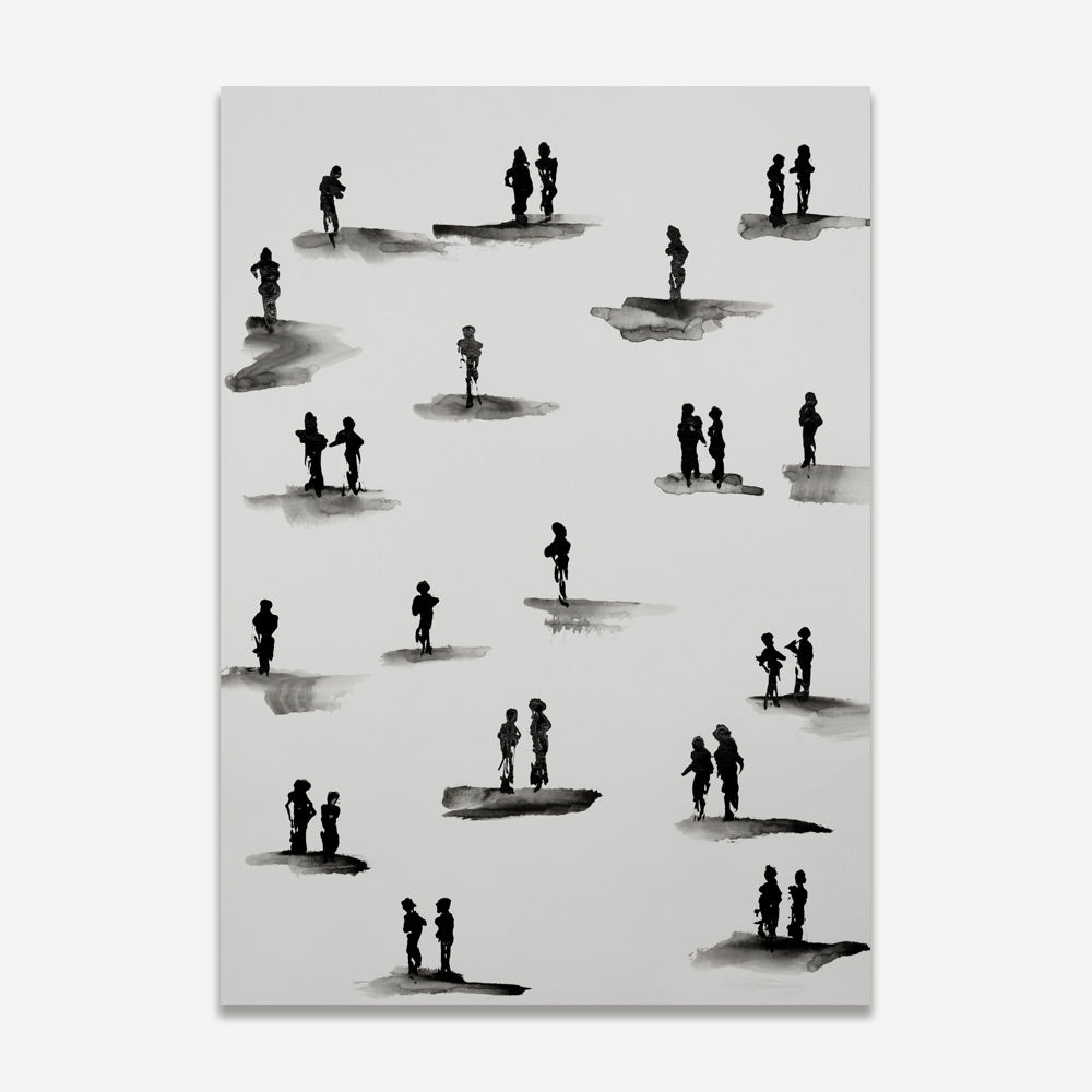 A black and white artwork featuring multiple silhouettes of people standing and interacting in various poses against a white background.