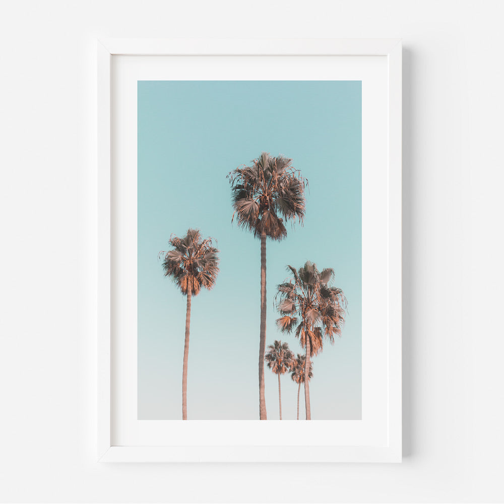 LA palm trees framed photo against blue sky - wall art decor for home or office