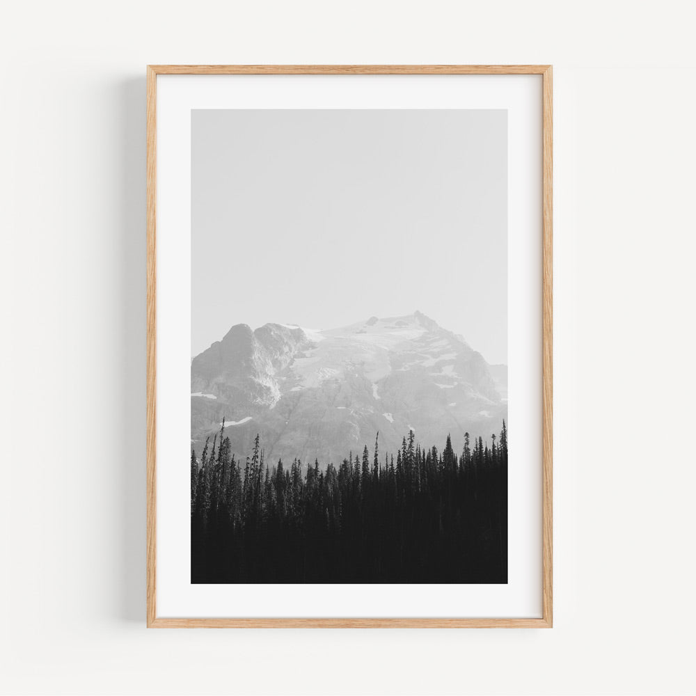 Mountain Canvas Print: Captivating image of Mt. Matier in black and white. Elevate your space with mountain art. Available at our prints shop.