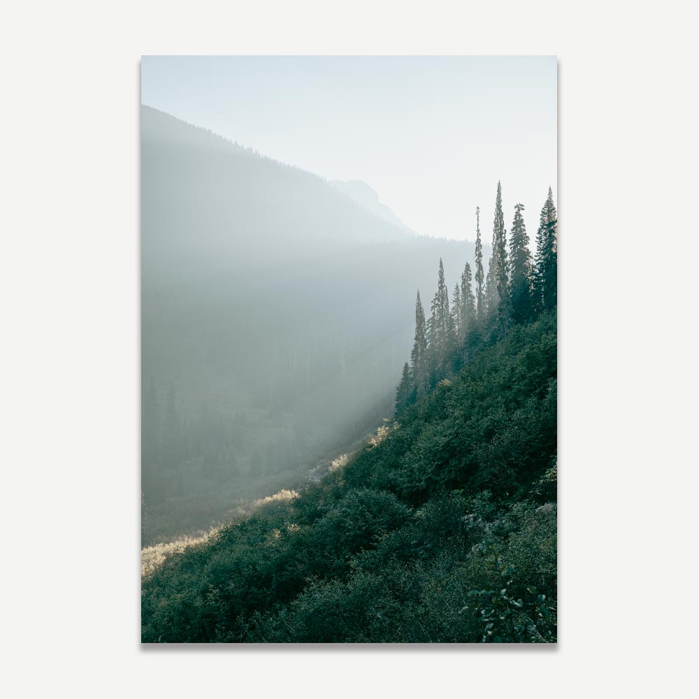 A landscape photograph featuring a misty mountain range with greenery in the foreground.