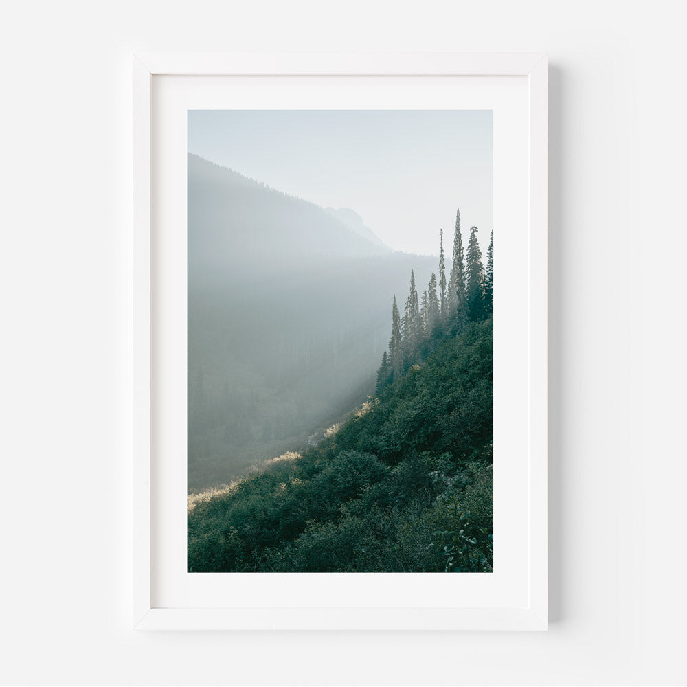 A framed print featuring a landscape photograph with greenery and a misty mountain range in the background.