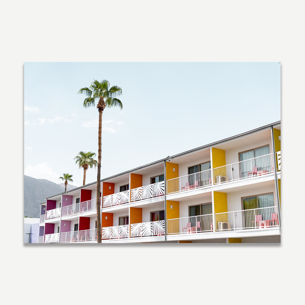 Vibrant Facade of Saguaro Palm Springs Hotel and palm trees