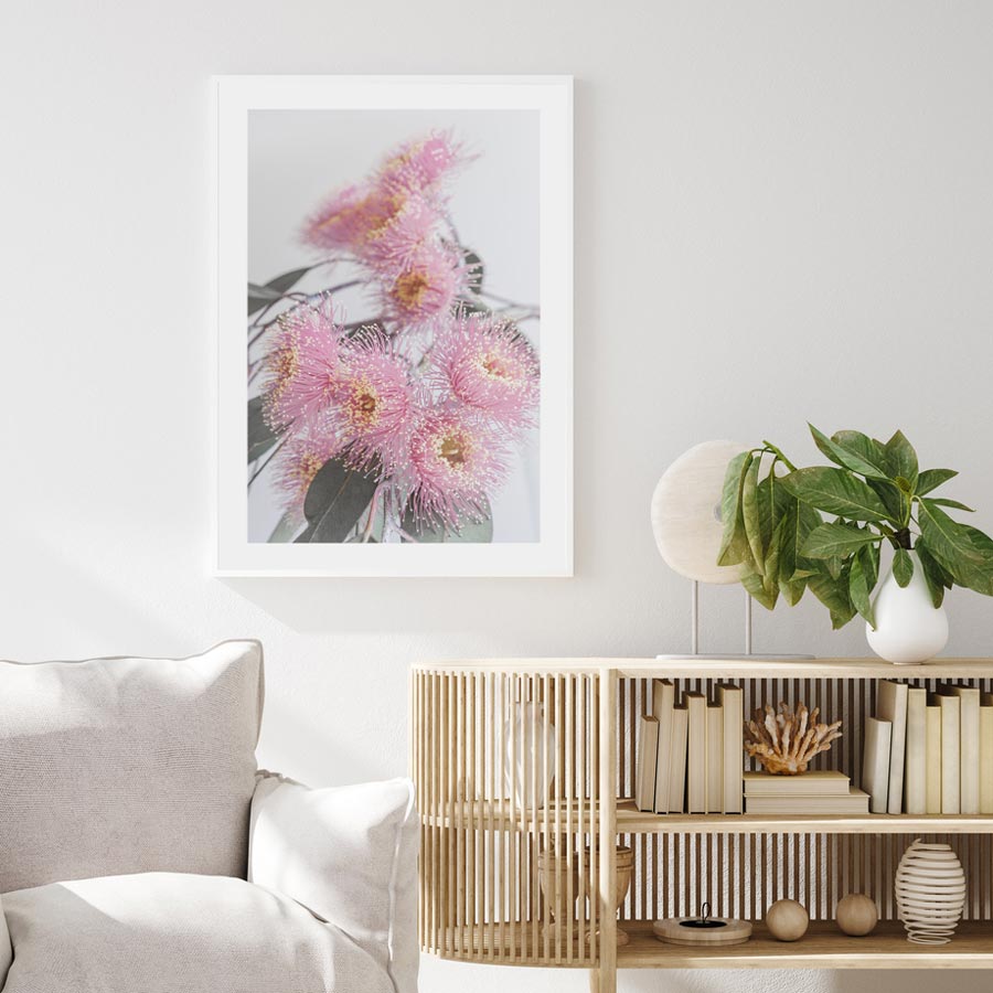 Eucalyptus Flower Art: Canvas framed print capturing the delicate beauty of a pink Eucalyptus blossom, ideal for modern wall decor.