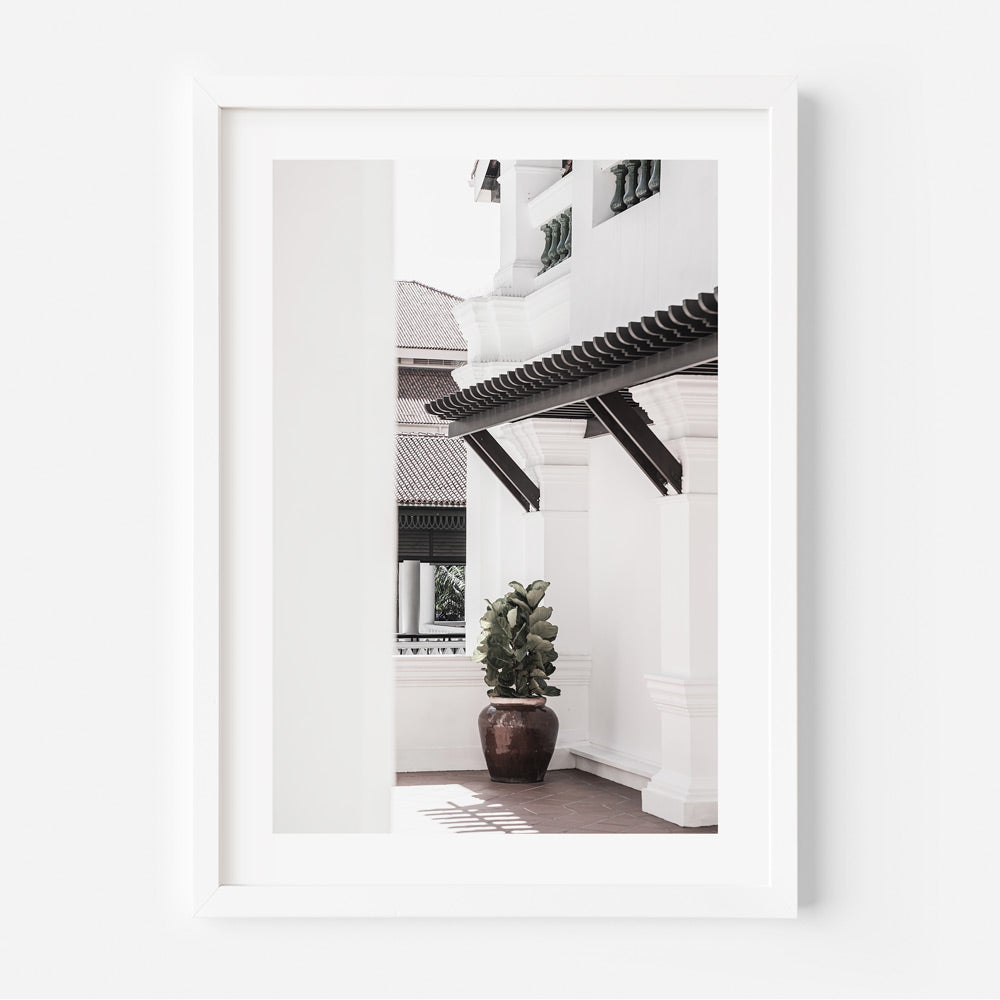 A white framed photo of the Raffles Hotel Singapore - Wall art decor