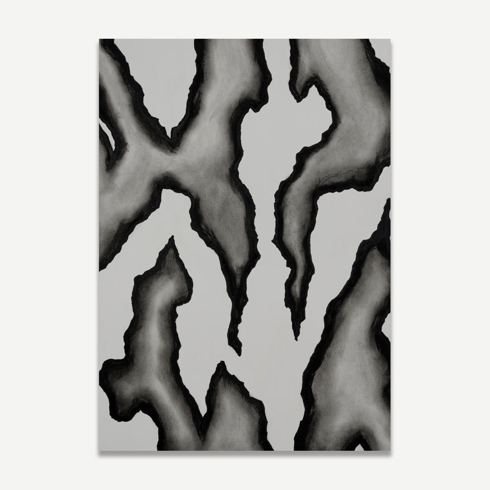 A black and white visual art piece with abstract patterns.