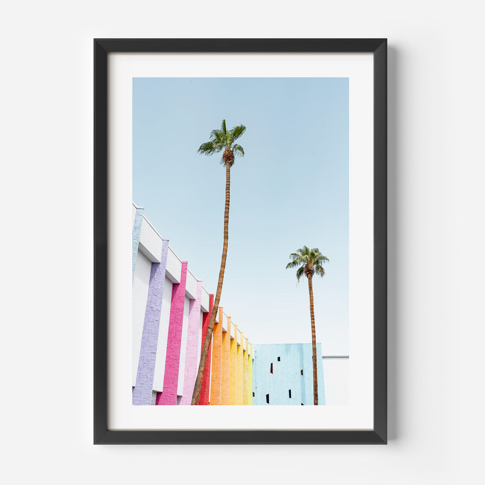 Palm trees and The Saguaro Hotel, Palm Springs wall art from OblongShop, perfect for adding a tropical touch to your home.