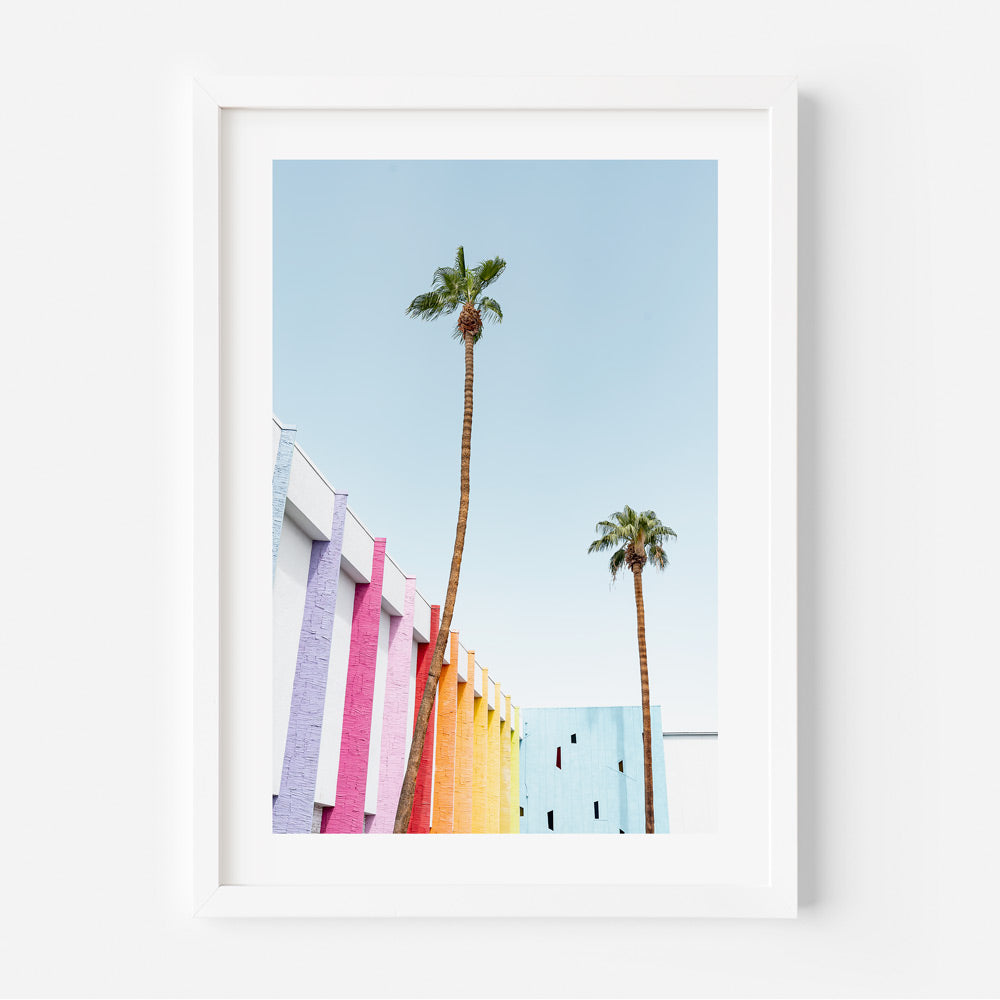 Colorful wall art from OblongShop featuring palm trees and The Saguaro Hotel, Palm Springs, perfect for modern artwork decor.