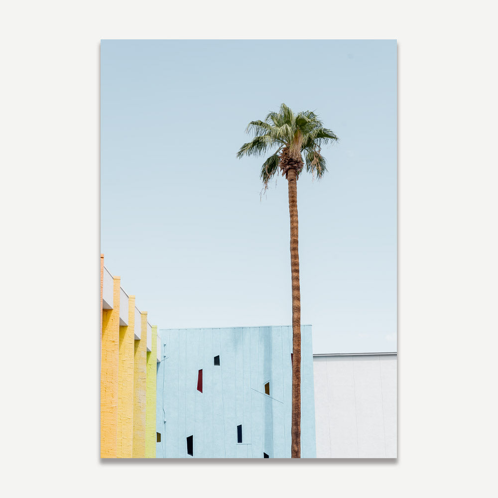 Colourful facade of Saguaro Hotel Palm Springs adorn with a palm tree