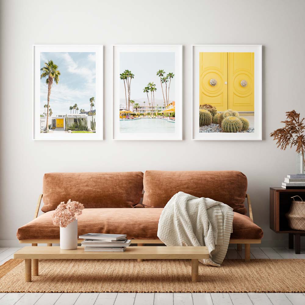 The set of 3 art of Mid Century modern home , cactus , palm trees , palm springs landscaping , palm springs , Indian Canyon