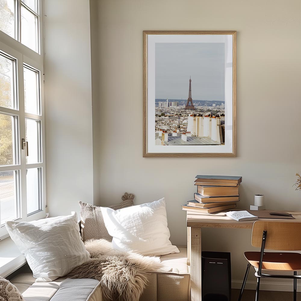 Serene Montmartre morning, capturing the Eiffel Tower and tranquil Parisian rooftops for elegant wall art.
