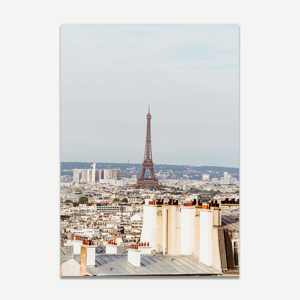 Tranquil Montmartre morning with the Eiffel Tower in the distance, ideal for calming and elegant home decor.
