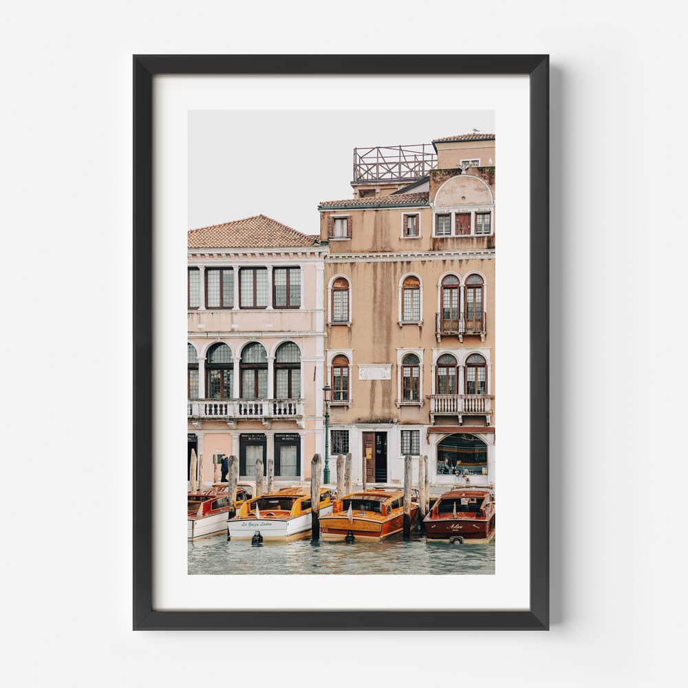 Discover the charm of Venice with this wall art of 4 taxi boats - Elevate your space with original photography prints.